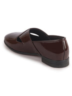 Men Tan Criss Cross Strap Round Toe Perforated Ethnic Slip On Shoes | Patent Leather Loafer Shoe with Memory Cushioned Insole for Wedding, Party Kurta Pyjama Dress