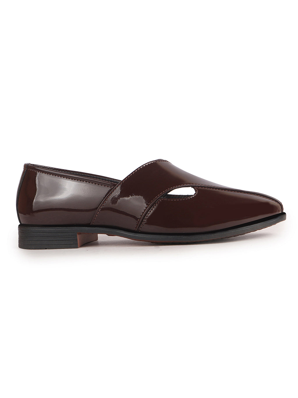 Men Tan Criss Cross Strap Round Toe Perforated Ethnic Slip On Shoes | Patent Leather Loafer Shoe with Memory Cushioned Insole for Wedding, Party Kurta Pyjama Dress