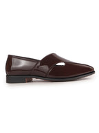 Men Tan Criss Cross Strap Round Toe Perforated Ethnic Slip On Shoes | Patent Leather Loafer Shoe with Memory Cushioned Insole for Wedding, Party Kurta Pyjama Dress