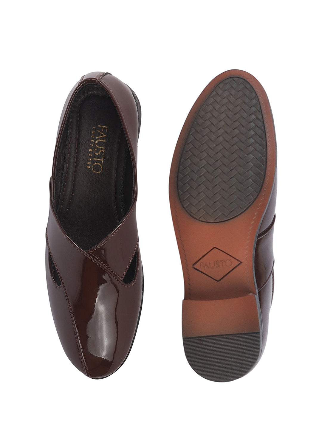 Men Tan Criss Cross Strap Round Toe Perforated Ethnic Slip On Shoes | Patent Leather Loafer Shoe with Memory Cushioned Insole for Wedding, Party Kurta Pyjama Dress