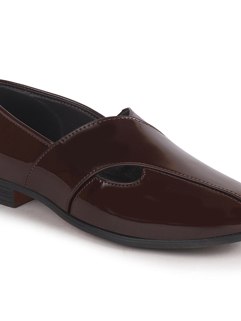 Men Tan Criss Cross Strap Round Toe Perforated Ethnic Slip On Shoes | Patent Leather Loafer Shoe with Memory Cushioned Insole for Wedding, Party Kurta Pyjama Dress