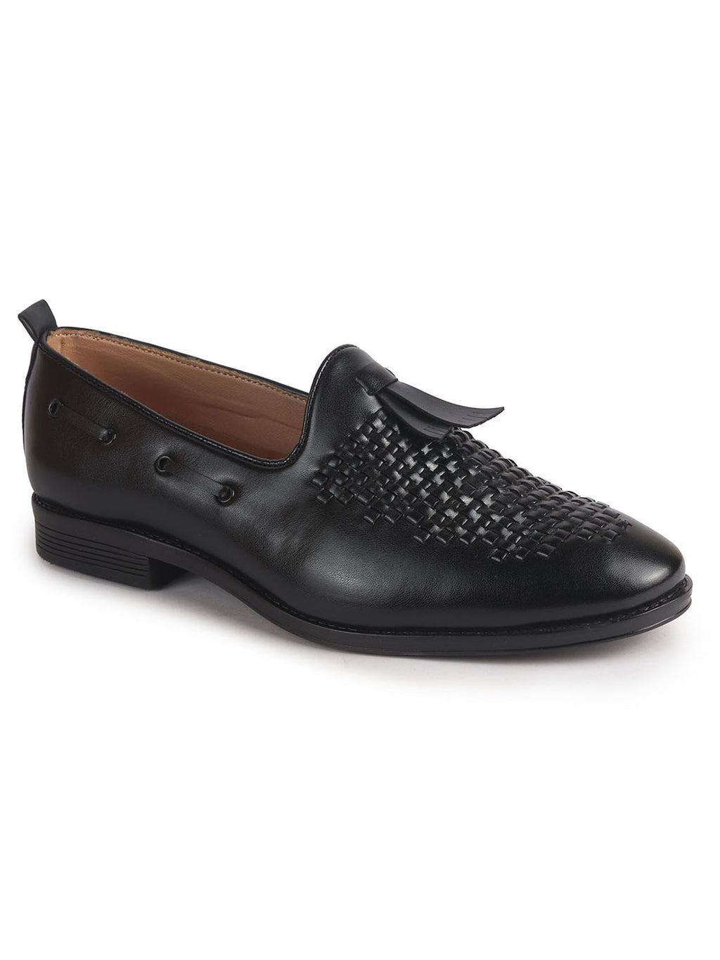 Men Black Handcrafted Upper Textured Classic Party Slip On Tassel Loafer|Elegant Ethnic Jutti Mojari for Wedding Dress|Comfort Slip-On Shoe with TPR Welted Sole