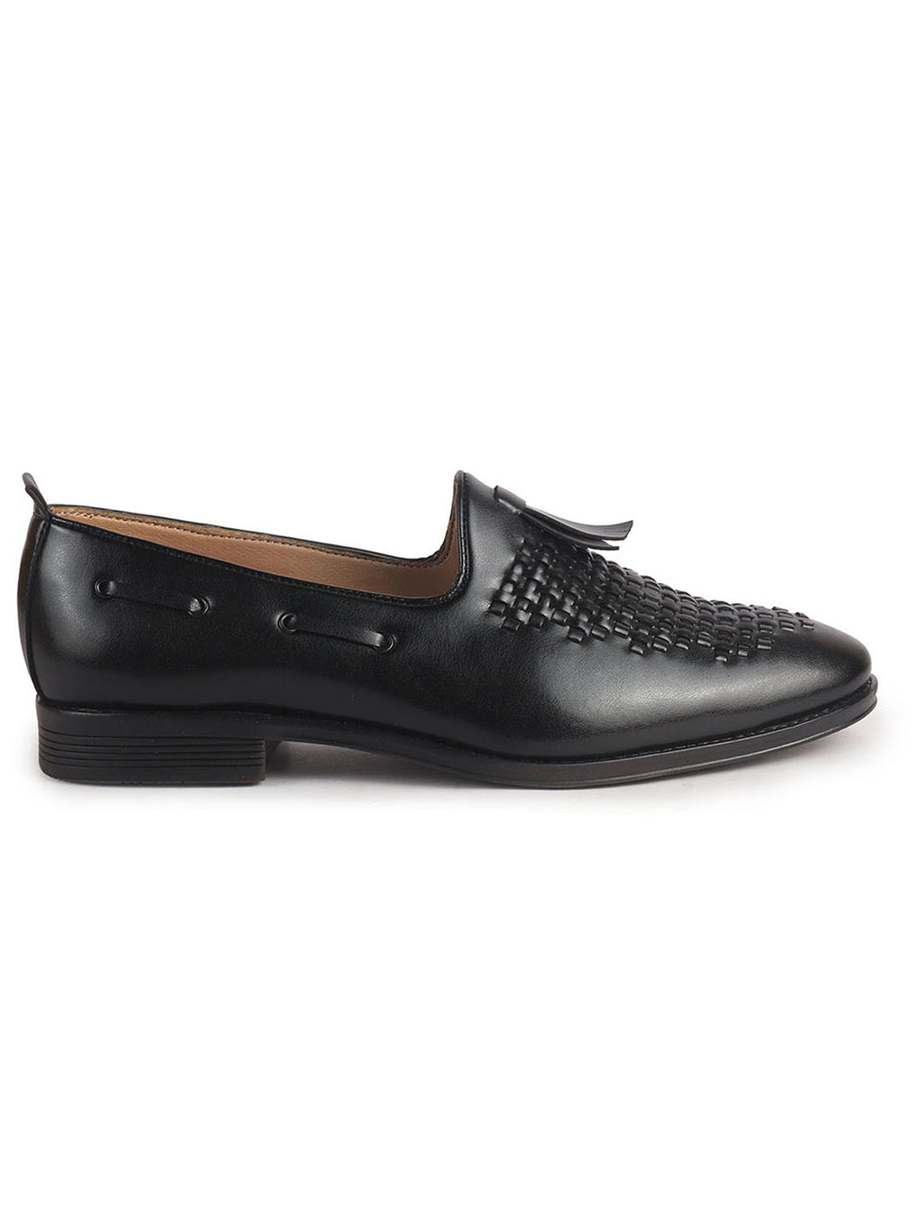 Men Black Handcrafted Upper Textured Classic Party Slip On Tassel Loafer|Elegant Ethnic Jutti Mojari for Wedding Dress|Comfort Slip-On Shoe with TPR Welted Sole
