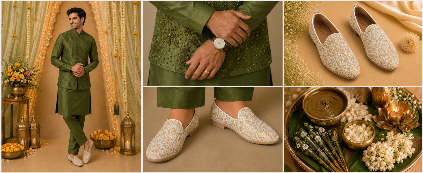 Men Beige Embroidery Design Fabric Upper Party Slip On Shoes|Ethnic Juttis and Mojaris For Wedding|Traditional Slip-Ons Shoe with Memory Cushioned Insole