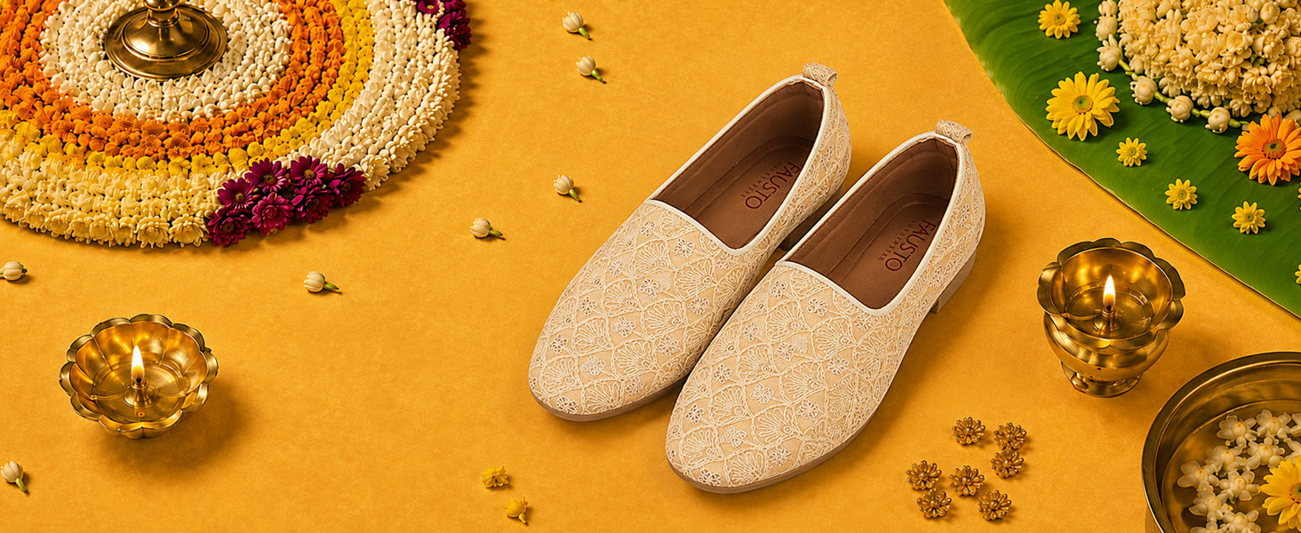 Men Beige Embroidery Design Fabric Upper Party Slip On Shoes|Ethnic Juttis and Mojaris For Wedding|Traditional Slip-Ons Shoe with Memory Cushioned Insole
