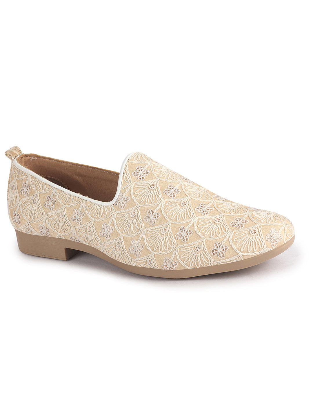 Men Beige Embroidery Design Fabric Upper Party Slip On Shoes|Ethnic Juttis and Mojaris For Wedding|Traditional Slip-Ons Shoe with Memory Cushioned Insole