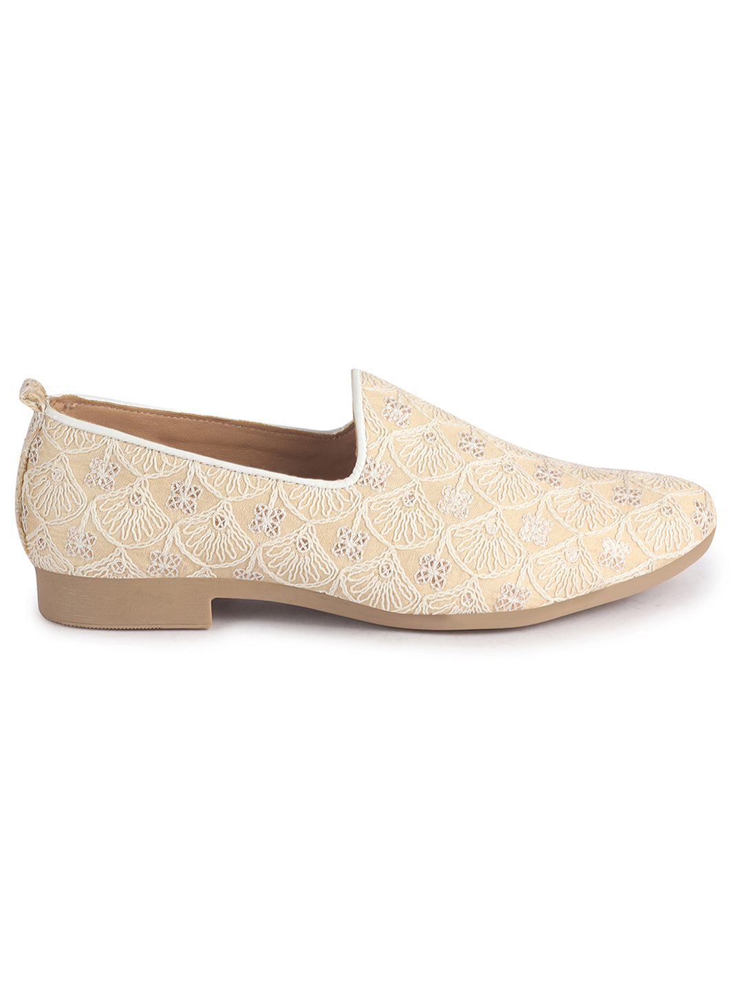 Men Beige Embroidery Design Fabric Upper Party Slip On Shoes|Ethnic Juttis and Mojaris For Wedding|Traditional Slip-Ons Shoe with Memory Cushioned Insole