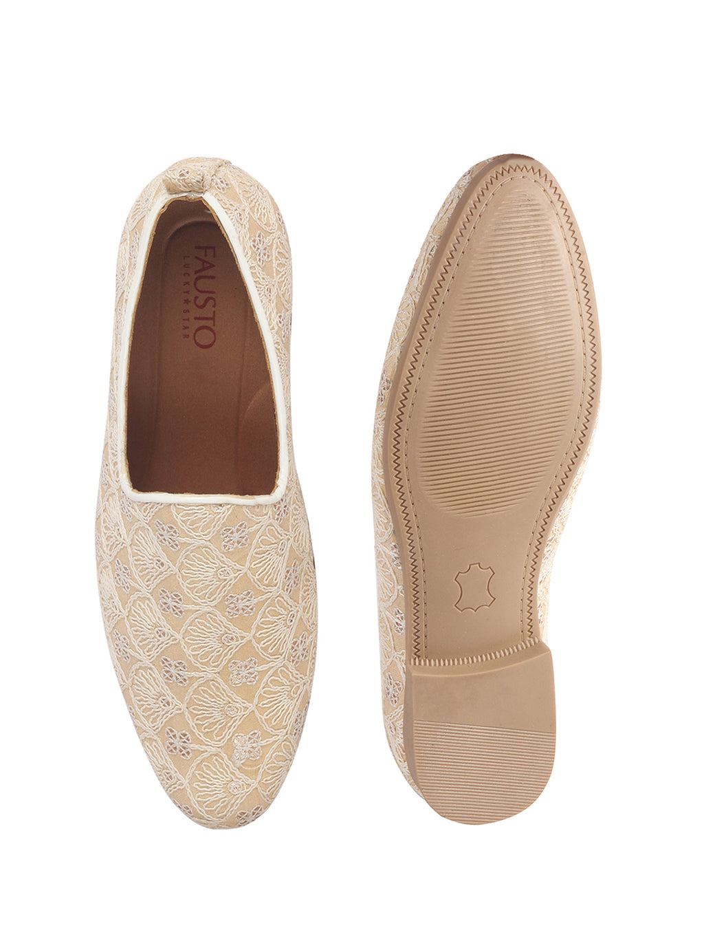 Men Beige Embroidery Design Fabric Upper Party Slip On Shoes|Ethnic Juttis and Mojaris For Wedding|Traditional Slip-Ons Shoe with Memory Cushioned Insole