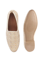 Men Beige Embroidery Design Fabric Upper Party Slip On Shoes|Ethnic Juttis and Mojaris For Wedding|Traditional Slip-Ons Shoe with Memory Cushioned Insole