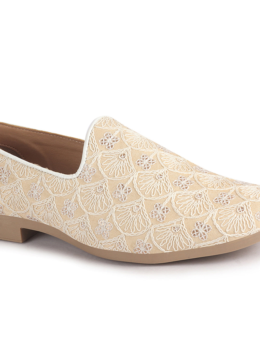 Men Beige Embroidery Design Fabric Upper Party Slip On Shoes|Ethnic Juttis and Mojaris For Wedding|Traditional Slip-Ons Shoe with Memory Cushioned Insole