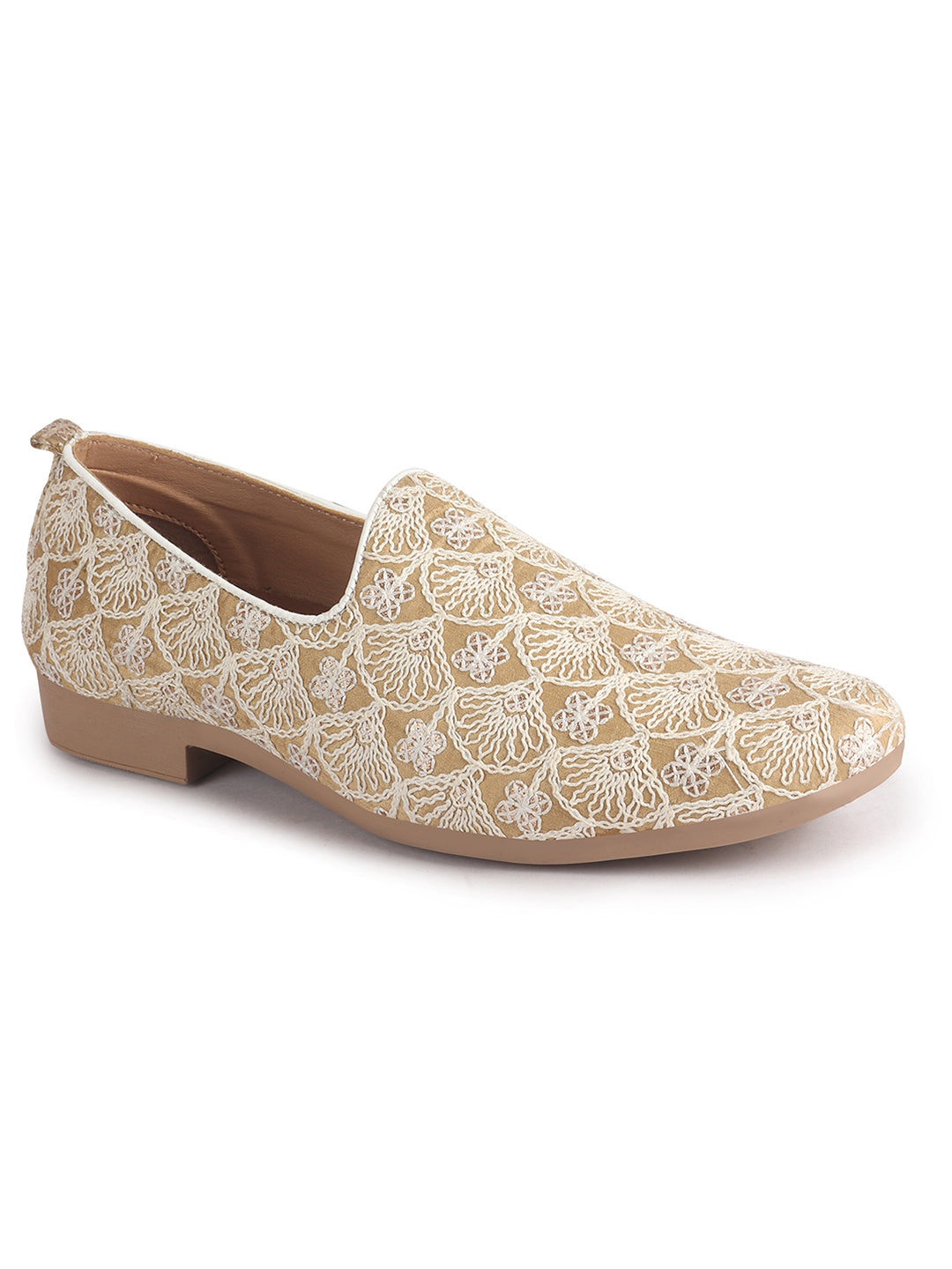 Men Brown Embroidery Design Fabric Upper Party Slip On Shoes|Ethnic Juttis and Mojaris For Wedding|Traditional Slip-Ons Shoe with Memory Cushioned Insole