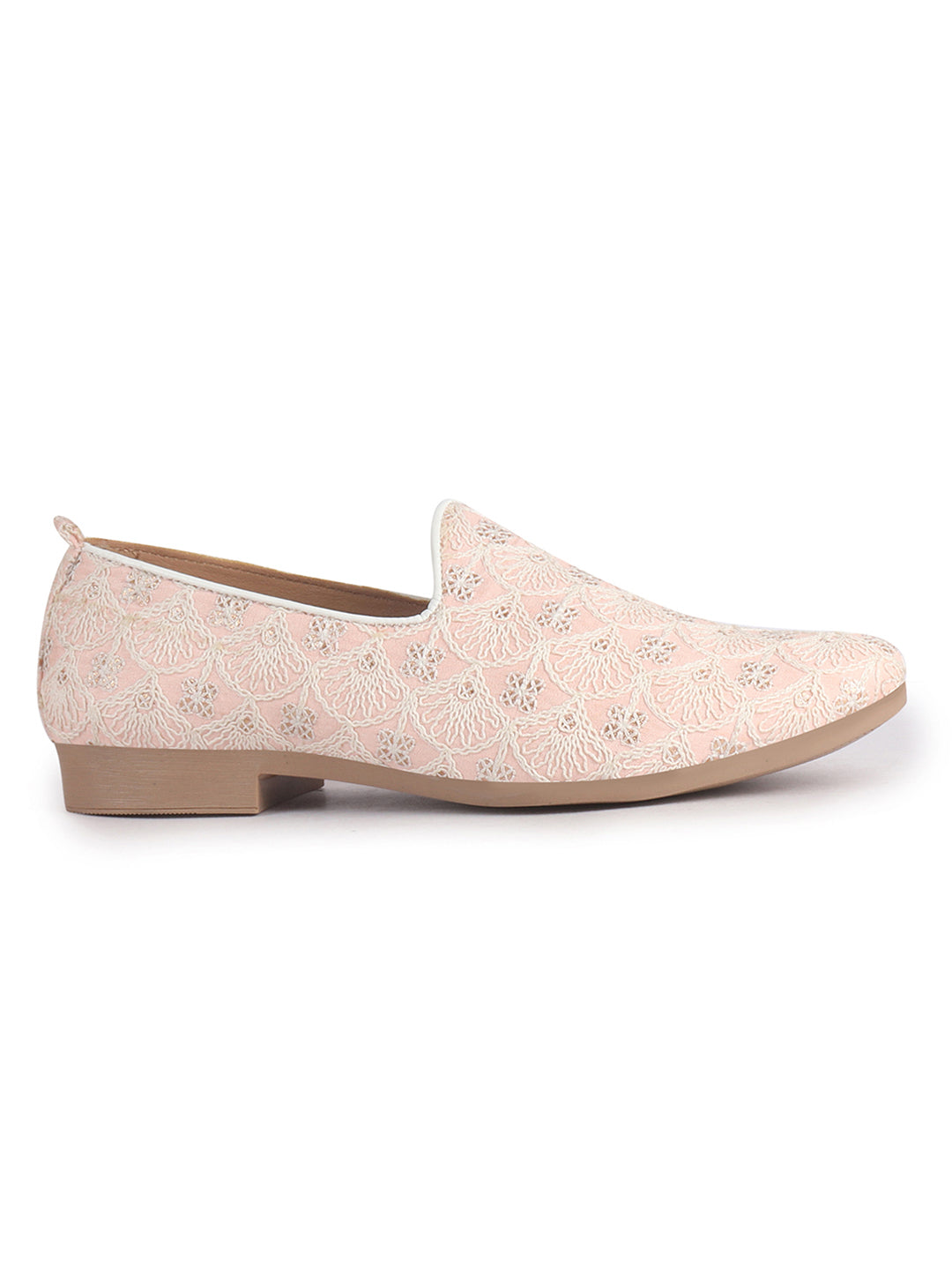 Men Pink Embroidery Design Fabric Upper Party Slip On Shoes|Ethnic Juttis and Mojaris For Wedding|Traditional Slip-Ons Shoe with Memory Cushioned Insole