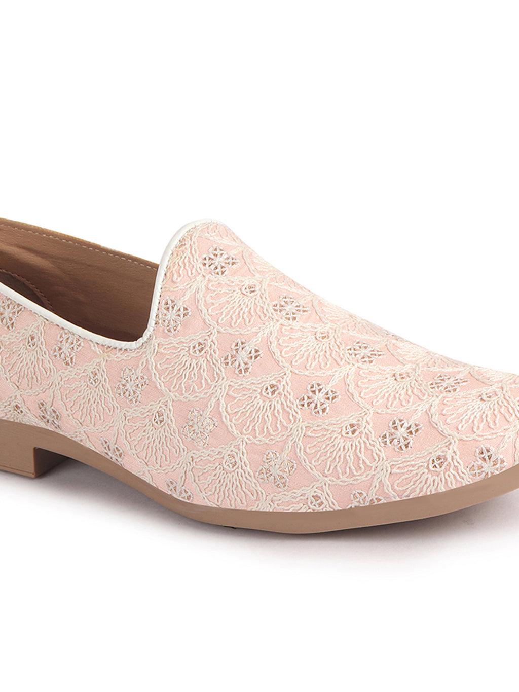 Men Pink Embroidery Design Fabric Upper Party Slip On Shoes|Ethnic Juttis and Mojaris For Wedding|Traditional Slip-Ons Shoe with Memory Cushioned Insole