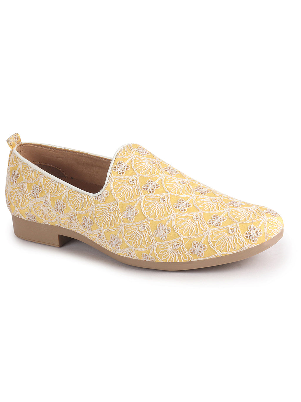 Men Yellow Embroidery Design Fabric Upper Party Slip On Shoes|Ethnic Juttis and Mojaris For Wedding|Traditional Slip-Ons Shoe with Memory Cushioned Insole