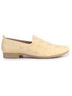 Men Yellow Embroidery Design Fabric Upper Party Slip On Shoes|Ethnic Juttis and Mojaris For Wedding|Traditional Slip-Ons Shoe with Memory Cushioned Insole