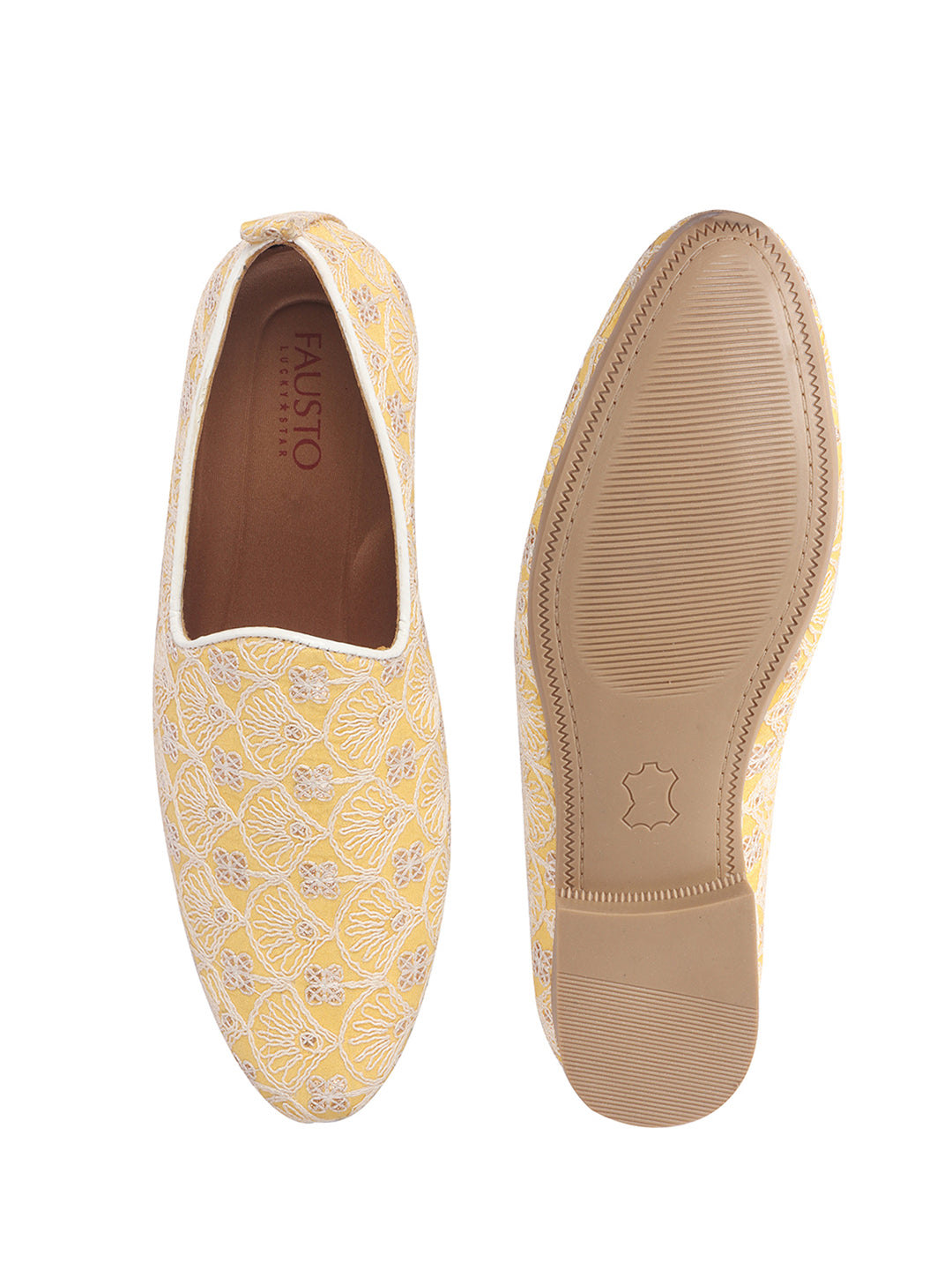 Men Yellow Embroidery Design Fabric Upper Party Slip On Shoes|Ethnic Juttis and Mojaris For Wedding|Traditional Slip-Ons Shoe with Memory Cushioned Insole