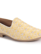 Men Yellow Embroidery Design Fabric Upper Party Slip On Shoes|Ethnic Juttis and Mojaris For Wedding|Traditional Slip-Ons Shoe with Memory Cushioned Insole