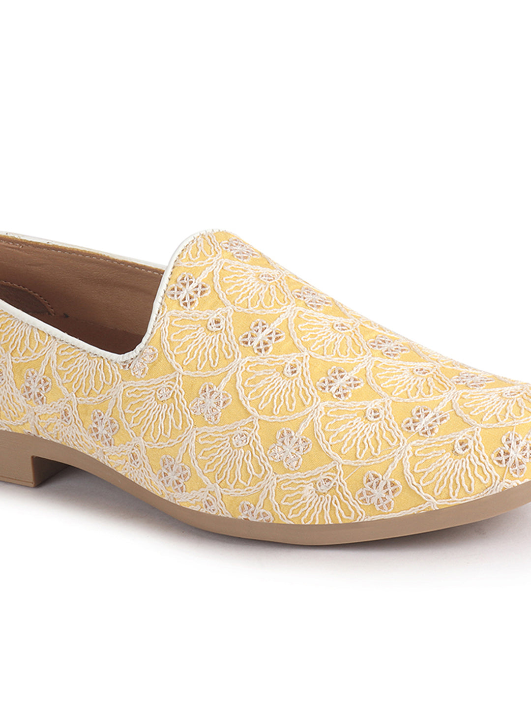 Men Yellow Embroidery Design Fabric Upper Party Slip On Shoes|Ethnic Juttis and Mojaris For Wedding|Traditional Slip-Ons Shoe with Memory Cushioned Insole