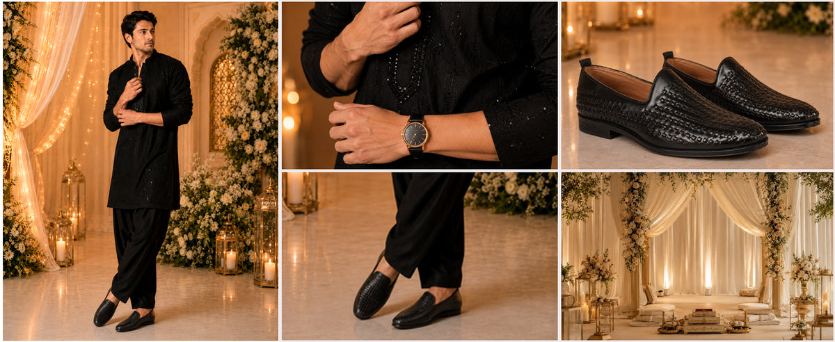 Men Black Handcraft Textured Upper Ethnic Wedding Prom Slip-On Shoes|Cocktail Party Slip Ons for Tuxedo Dress|Anti Slip TPR Welted Sole