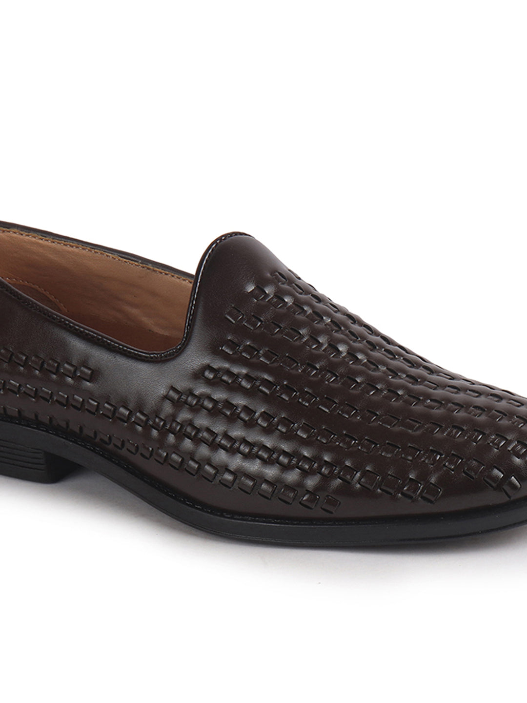 Men Brown Handcraft Textured Upper Ethnic Wedding Prom Slip-On Shoes|Cocktail Party Slip Ons for Tuxedo Dress|Anti Slip TPR Welted Sole