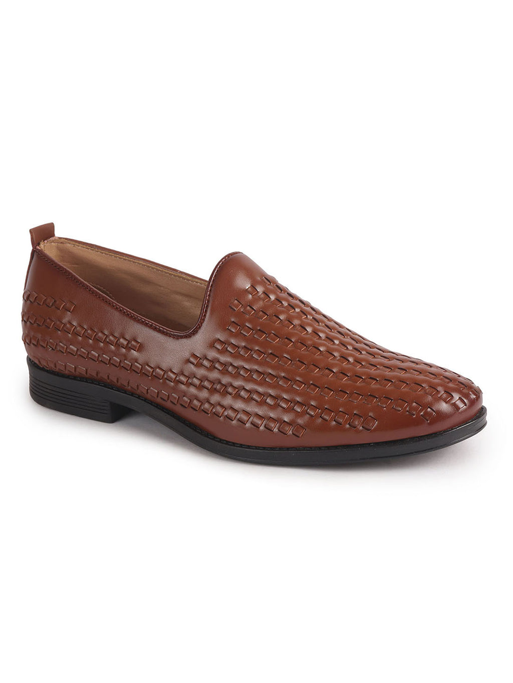 Men Tan Handcraft Textured Upper Ethnic Wedding Prom Slip-On Shoes|Cocktail Party Slip Ons for Tuxedo Dress|Anti Slip TPR Welted Sole