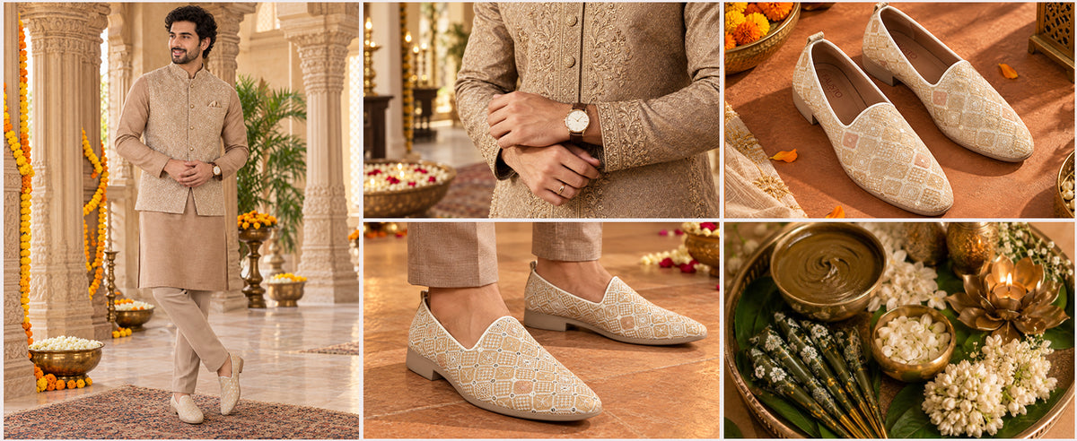 Men Cream Embroidery Sequin Fabric Upper Ethnic Party Juttis Mojaris for Kurta|Slip On Loafers for Indo-Western Events|Wedding Traditional Sherwani Anti Skid Slip Ons Shoe