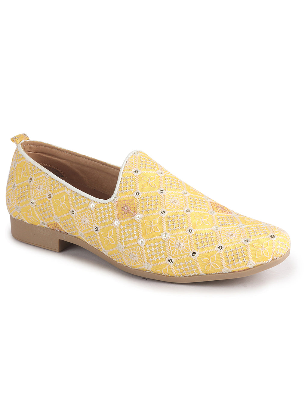 Men Yellow Embroidery Sequin Fabric Upper Ethnic Party Juttis Mojaris for Kurta|Slip On Loafers for Indo-Western Events|Wedding Traditional Sherwani Anti Skid Slip Ons Shoe
