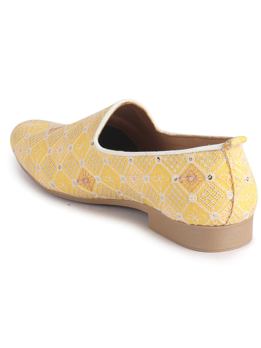 Men Yellow Embroidery Sequin Fabric Upper Ethnic Party Juttis Mojaris for Kurta|Slip On Loafers for Indo-Western Events|Wedding Traditional Sherwani Anti Skid Slip Ons Shoe