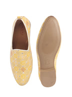Men Yellow Embroidery Sequin Fabric Upper Ethnic Party Juttis Mojaris for Kurta|Slip On Loafers for Indo-Western Events|Wedding Traditional Sherwani Anti Skid Slip Ons Shoe
