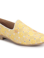 Men Yellow Embroidery Sequin Fabric Upper Ethnic Party Juttis Mojaris for Kurta|Slip On Loafers for Indo-Western Events|Wedding Traditional Sherwani Anti Skid Slip Ons Shoe