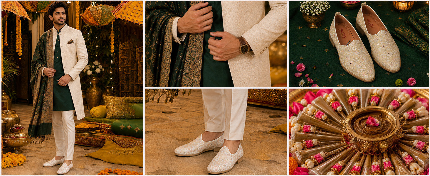 Men Peach Leaf Design Embroidery Fabric Upper Party Slip On Loafers|Ethnic Juttis and Mojaris for Kurta-Jacket Sets|Indo-Western Outfit Slip-Ons with Memory Cushioned Insole