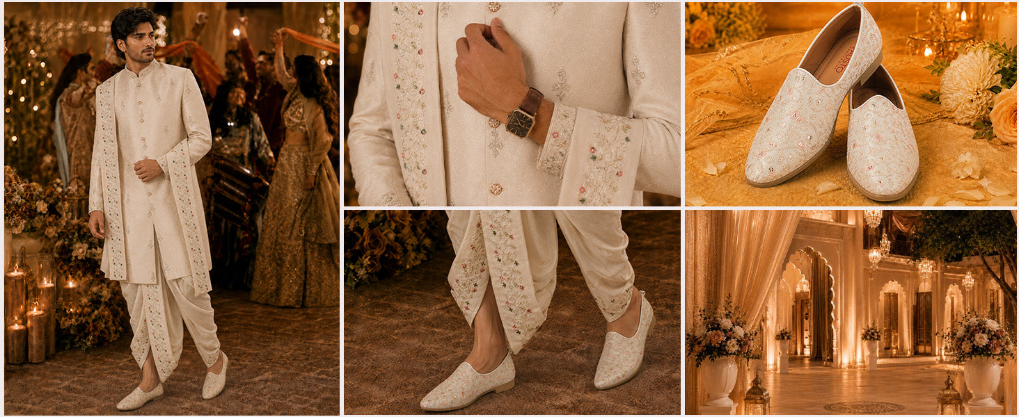 Men Peach Leaf Design Embroidery Fabric Upper Party Slip On Loafers|Ethnic Juttis and Mojaris for Kurta-Jacket Sets|Indo-Western Outfit Slip-Ons with Memory Cushioned Insole