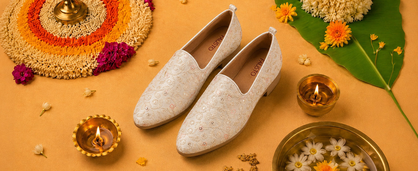 Men Peach Leaf Design Embroidery Fabric Upper Party Slip On Loafers|Ethnic Juttis and Mojaris for Kurta-Jacket Sets|Indo-Western Outfit Slip-Ons with Memory Cushioned Insole