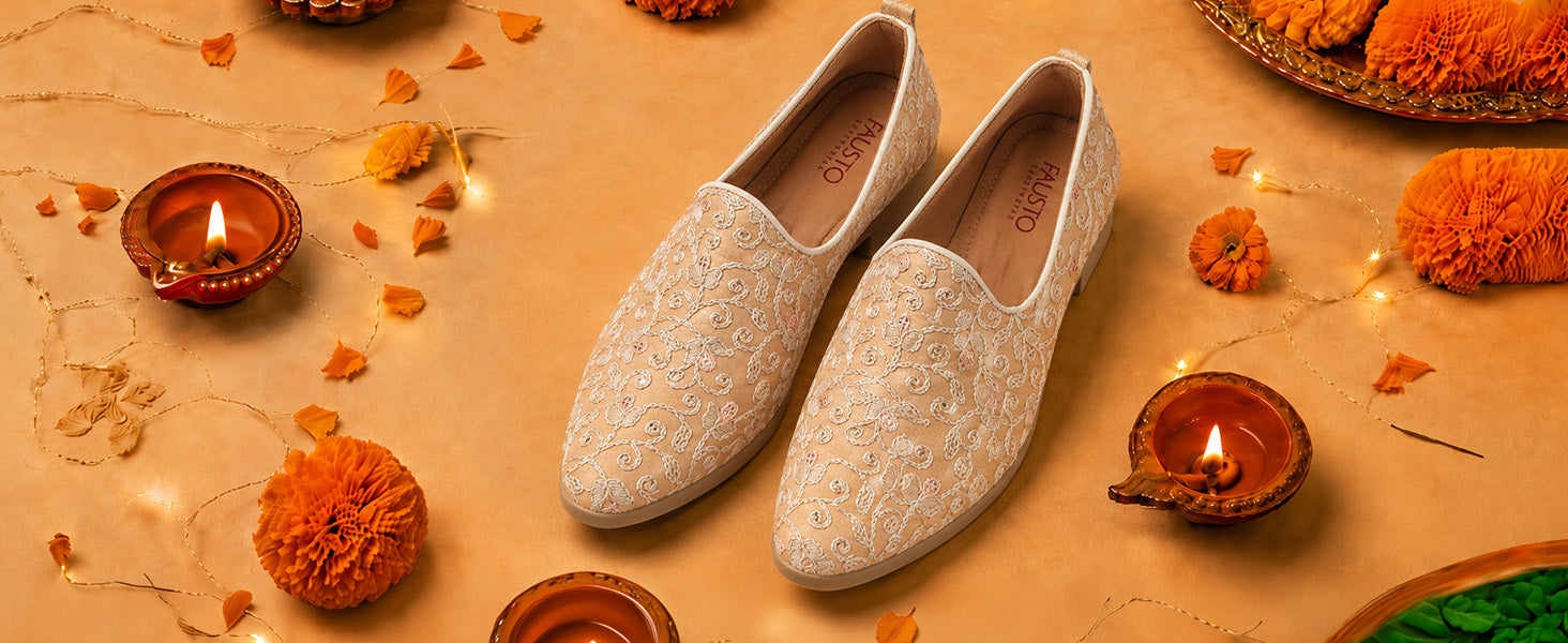 Men Peach Leaf Design Embroidery Fabric Upper Party Slip On Loafers|Ethnic Juttis and Mojaris for Kurta-Jacket Sets|Indo-Western Outfit Slip-Ons with Memory Cushioned Insole