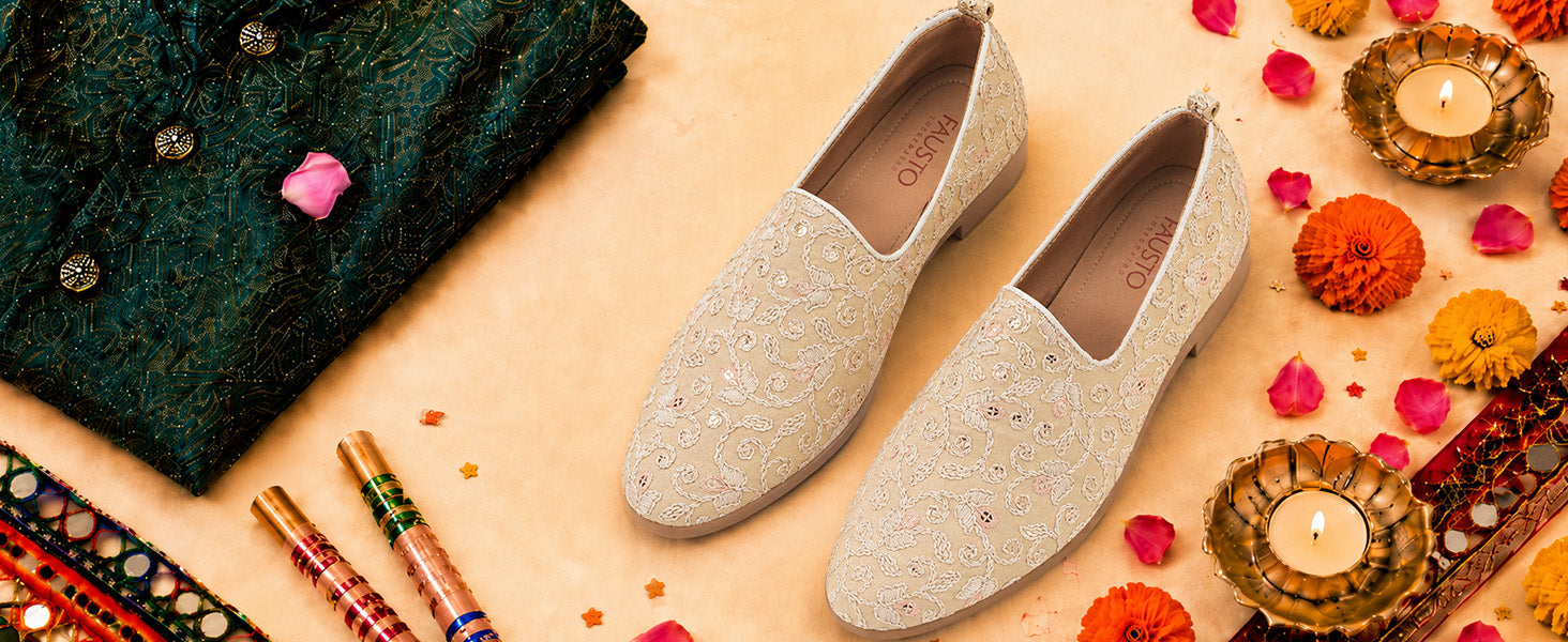 Men Peach Leaf Design Embroidery Fabric Upper Party Slip On Loafers|Ethnic Juttis and Mojaris for Kurta-Jacket Sets|Indo-Western Outfit Slip-Ons with Memory Cushioned Insole