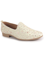 Men Cream Leaf Design Embroidery Fabric Upper Party Slip On Loafers|Ethnic Juttis and Mojaris for Kurta-Jacket Sets|Indo-Western Outfit Slip-Ons with Memory Cushioned Insole