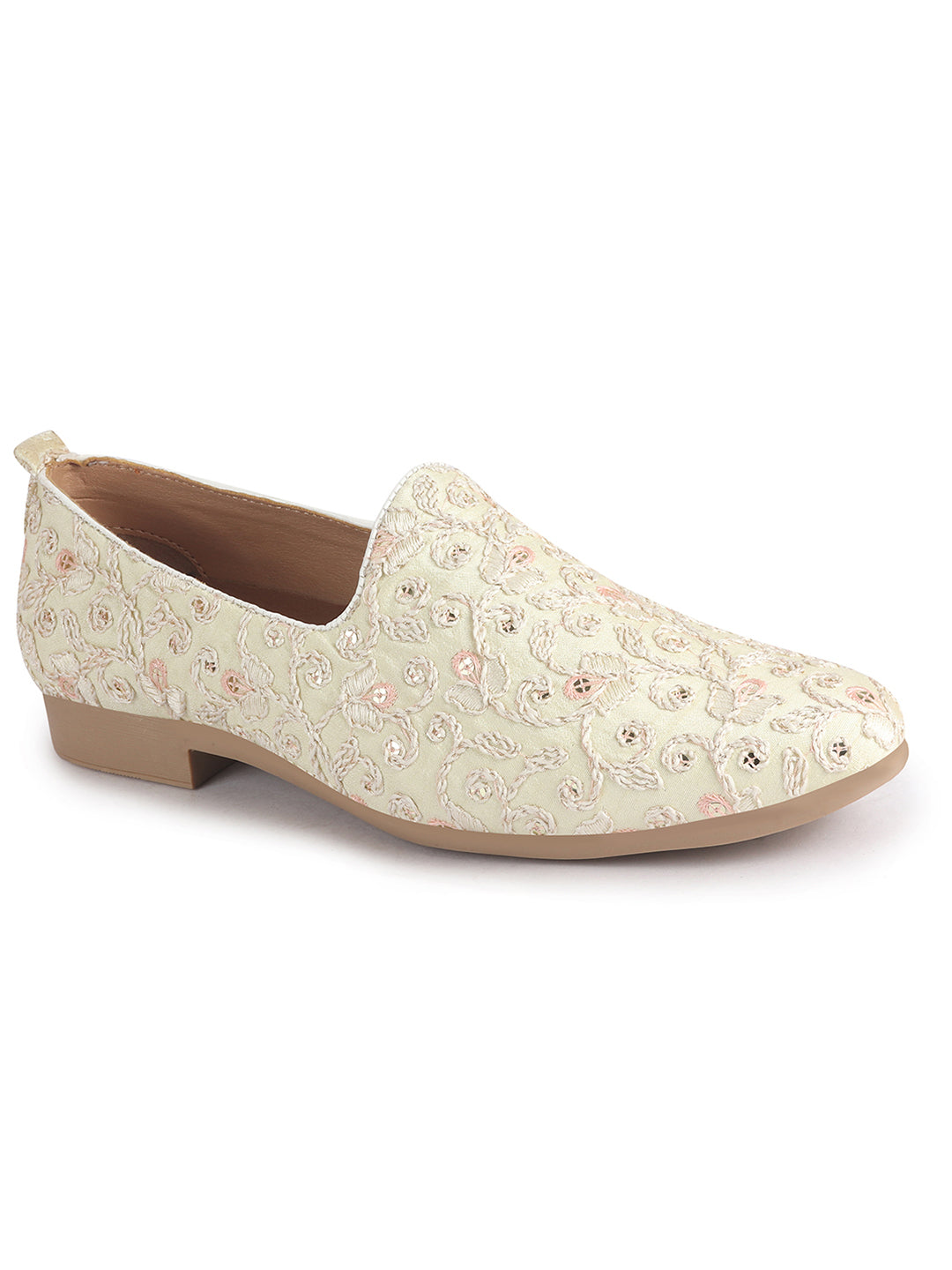 Men Cream Leaf Design Embroidery Fabric Upper Party Slip On Loafers|Ethnic Juttis and Mojaris for Kurta-Jacket Sets|Indo-Western Outfit Slip-Ons with Memory Cushioned Insole