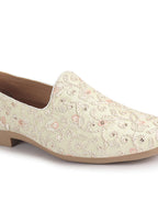 Men Cream Leaf Design Embroidery Fabric Upper Party Slip On Loafers|Ethnic Juttis and Mojaris for Kurta-Jacket Sets|Indo-Western Outfit Slip-Ons with Memory Cushioned Insole