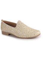 Men Gold Leaf Design Embroidery Fabric Upper Party Slip On Loafers|Ethnic Juttis and Mojaris for Kurta-Jacket Sets|Indo-Western Outfit Slip-Ons with Memory Cushioned Insole