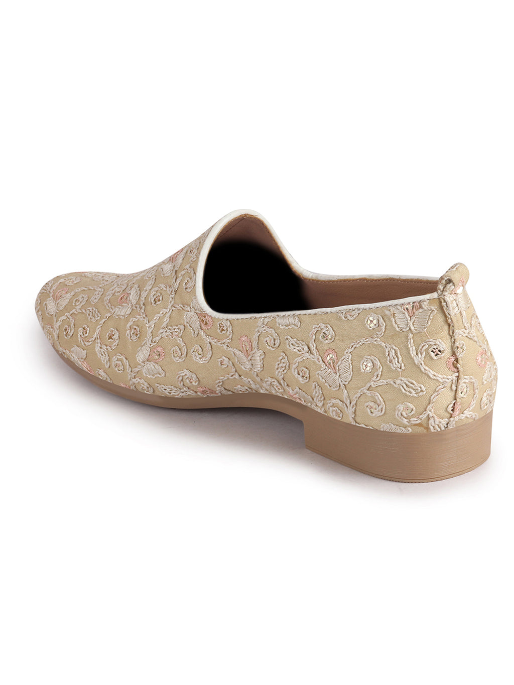 Men Gold Leaf Design Embroidery Fabric Upper Party Slip On Loafers|Ethnic Juttis and Mojaris for Kurta-Jacket Sets|Indo-Western Outfit Slip-Ons with Memory Cushioned Insole