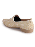 Men Gold Leaf Design Embroidery Fabric Upper Party Slip On Loafers|Ethnic Juttis and Mojaris for Kurta-Jacket Sets|Indo-Western Outfit Slip-Ons with Memory Cushioned Insole