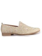 Men Gold Leaf Design Embroidery Fabric Upper Party Slip On Loafers|Ethnic Juttis and Mojaris for Kurta-Jacket Sets|Indo-Western Outfit Slip-Ons with Memory Cushioned Insole
