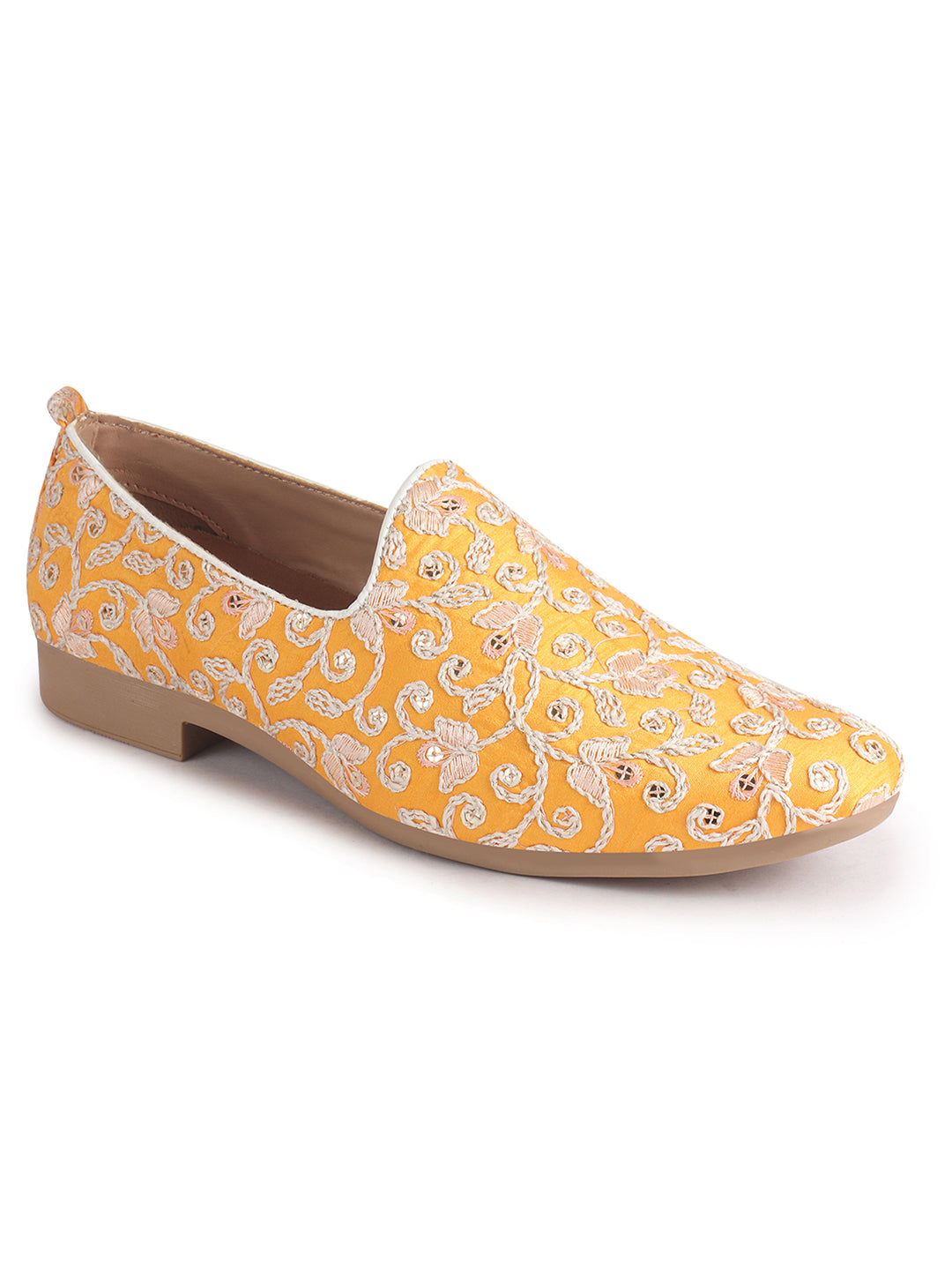 Men Orange Leaf Design Embroidery Fabric Upper Party Slip On Loafers|Ethnic Juttis and Mojaris for Kurta-Jacket Sets|Indo-Western Outfit Slip-Ons with Memory Cushioned Insole