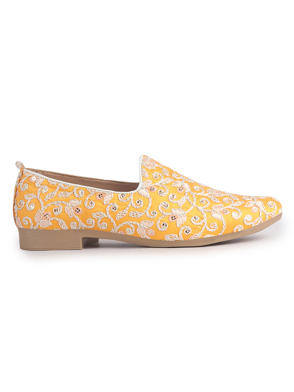 Men Orange Leaf Design Embroidery Fabric Upper Party Slip On Loafers|Ethnic Juttis and Mojaris for Kurta-Jacket Sets|Indo-Western Outfit Slip-Ons with Memory Cushioned Insole