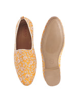 Men Orange Leaf Design Embroidery Fabric Upper Party Slip On Loafers|Ethnic Juttis and Mojaris for Kurta-Jacket Sets|Indo-Western Outfit Slip-Ons with Memory Cushioned Insole