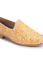 Men Orange Leaf Design Embroidery Fabric Upper Party Slip On Loafers|Ethnic Juttis and Mojaris for Kurta-Jacket Sets|Indo-Western Outfit Slip-Ons with Memory Cushioned Insole