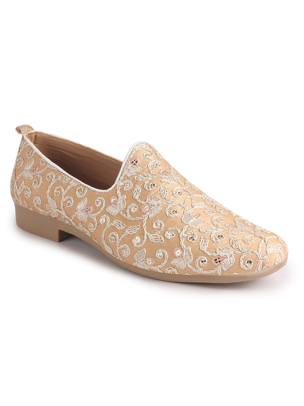 Men Peach Leaf Design Embroidery Fabric Upper Party Slip On Loafers|Ethnic Juttis and Mojaris for Kurta-Jacket Sets|Indo-Western Outfit Slip-Ons with Memory Cushioned Insole