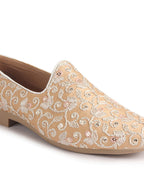 Men Peach Leaf Design Embroidery Fabric Upper Party Slip On Loafers|Ethnic Juttis and Mojaris for Kurta-Jacket Sets|Indo-Western Outfit Slip-Ons with Memory Cushioned Insole
