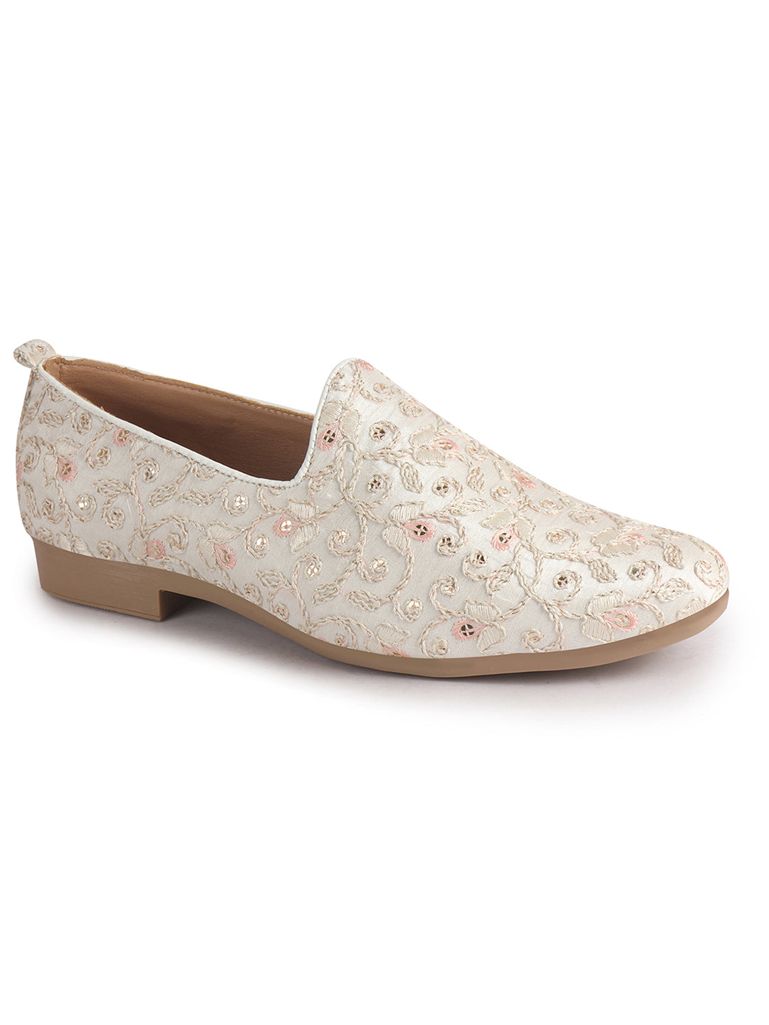 Men Silver Leaf Design Embroidery Fabric Upper Party Slip On Loafers|Ethnic Juttis and Mojaris for Kurta-Jacket Sets|Indo-Western Outfit Slip-Ons with Memory Cushioned Insole