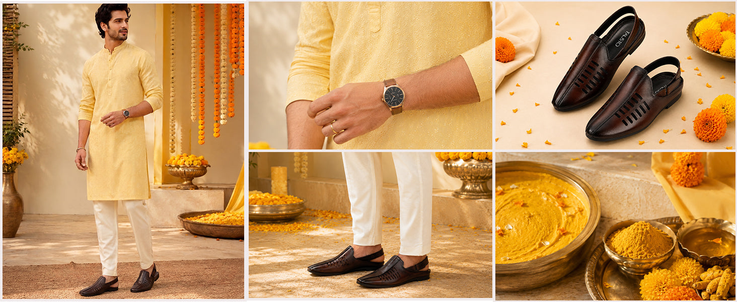 Men Tan Back Open Ethnic Hook and Loop Jutis and Mojaris|Classic Perforated Slip Ons for Wedding, Festive Kurta Set|Cushioned Insole Comfort